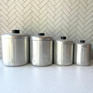 1950s Vintage Spun Aluminum Kitchen Canister Set of 4 Nesting Art Deco MCM